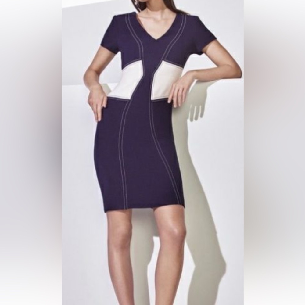 Ann Taylor exposed stitching color block V cleavage short sleeves dress Sz 4‎
